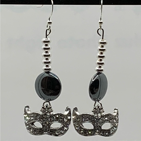 Handcrafted Women’s Earrings Hematite Disc Silvertone Spirals Rhinestone Mask - Picture 2 of 5